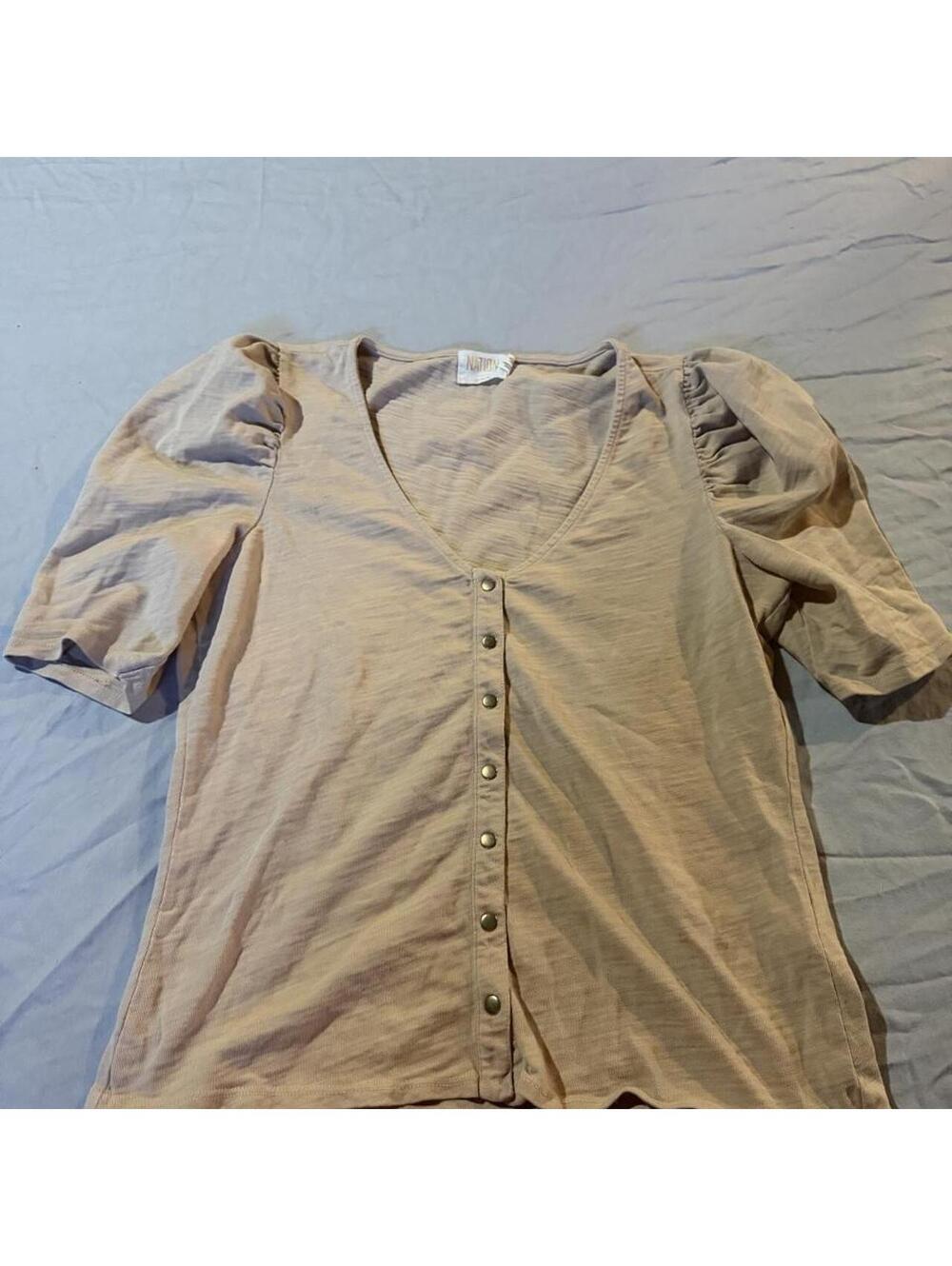 Nation Ltd Beige Puff Sleeve Button-Up Top Size M